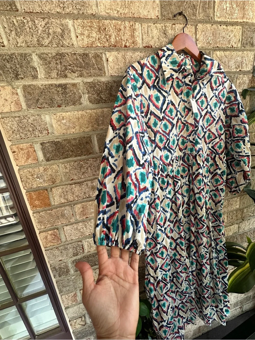 NWT Anthro Midi Dress inGeometric pattern. Button down long sleeve cotton - Picture 5 of 10